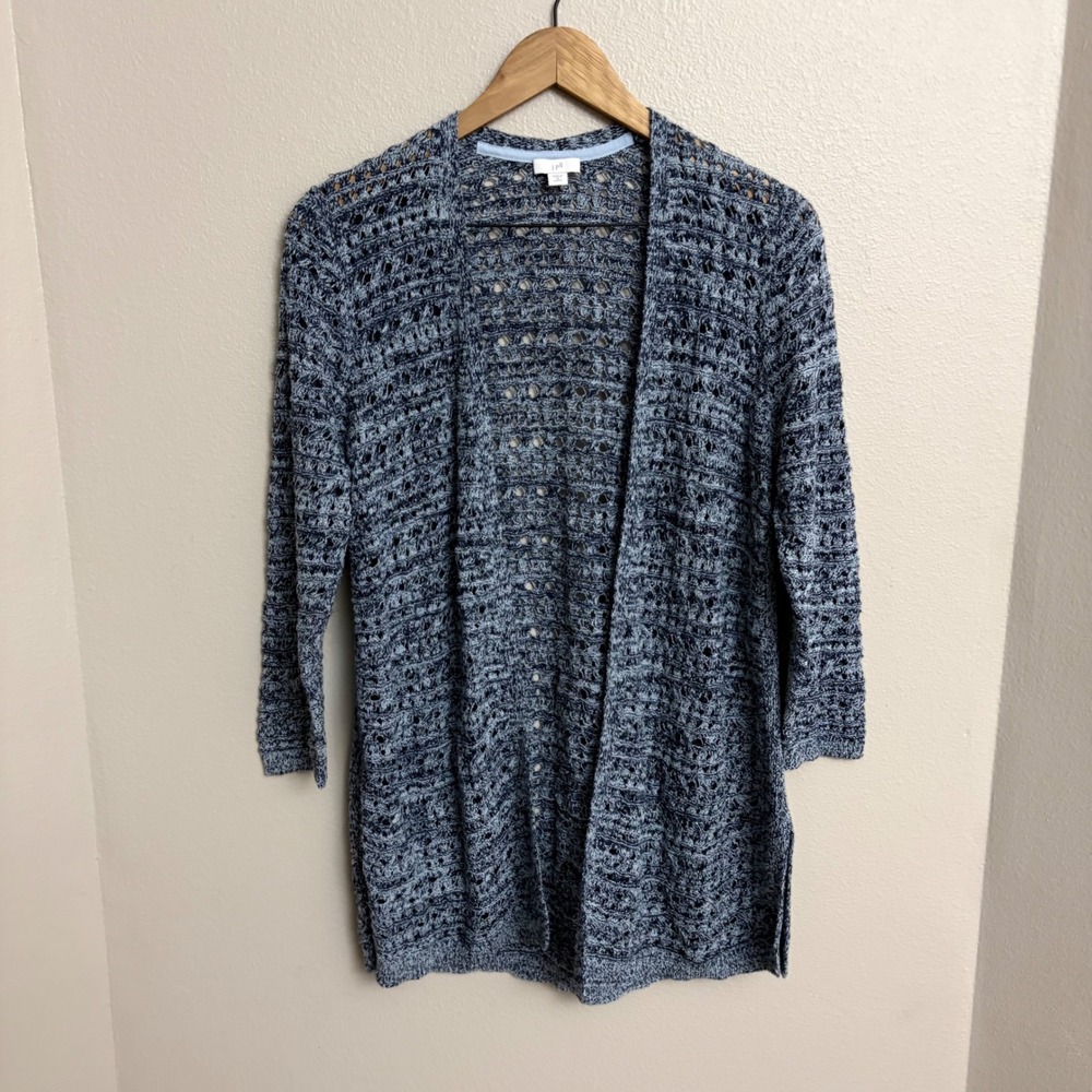 J.Jill Cardigan Sweater Small Petite Blue Crochet Open Front Knit Layering Piece